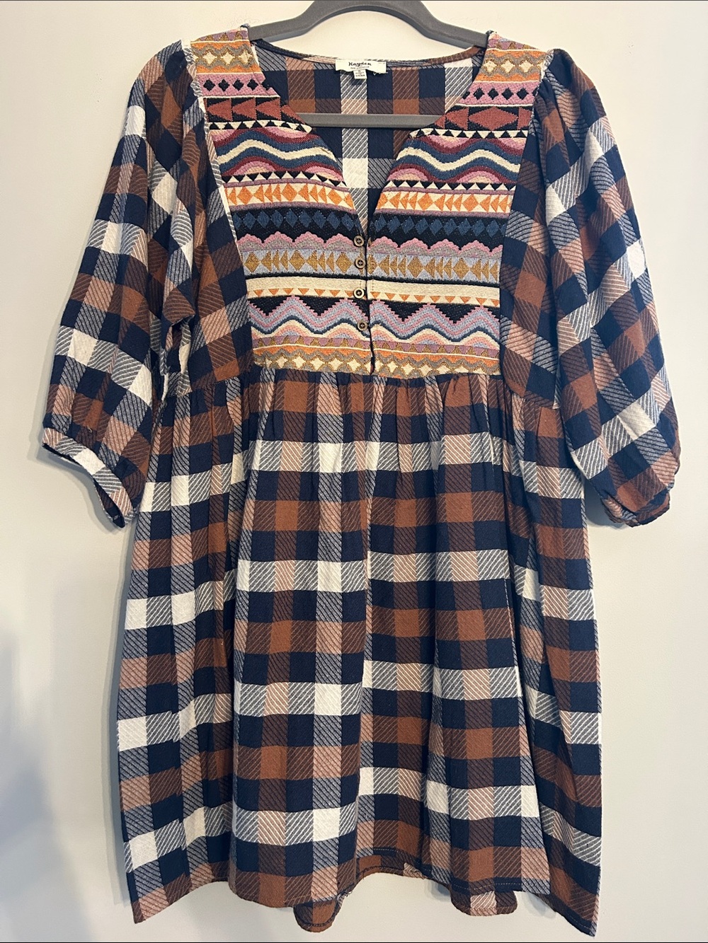 Hayden Brown Blue White Plaid Mini Dress with Colorful Embroidered Yoke